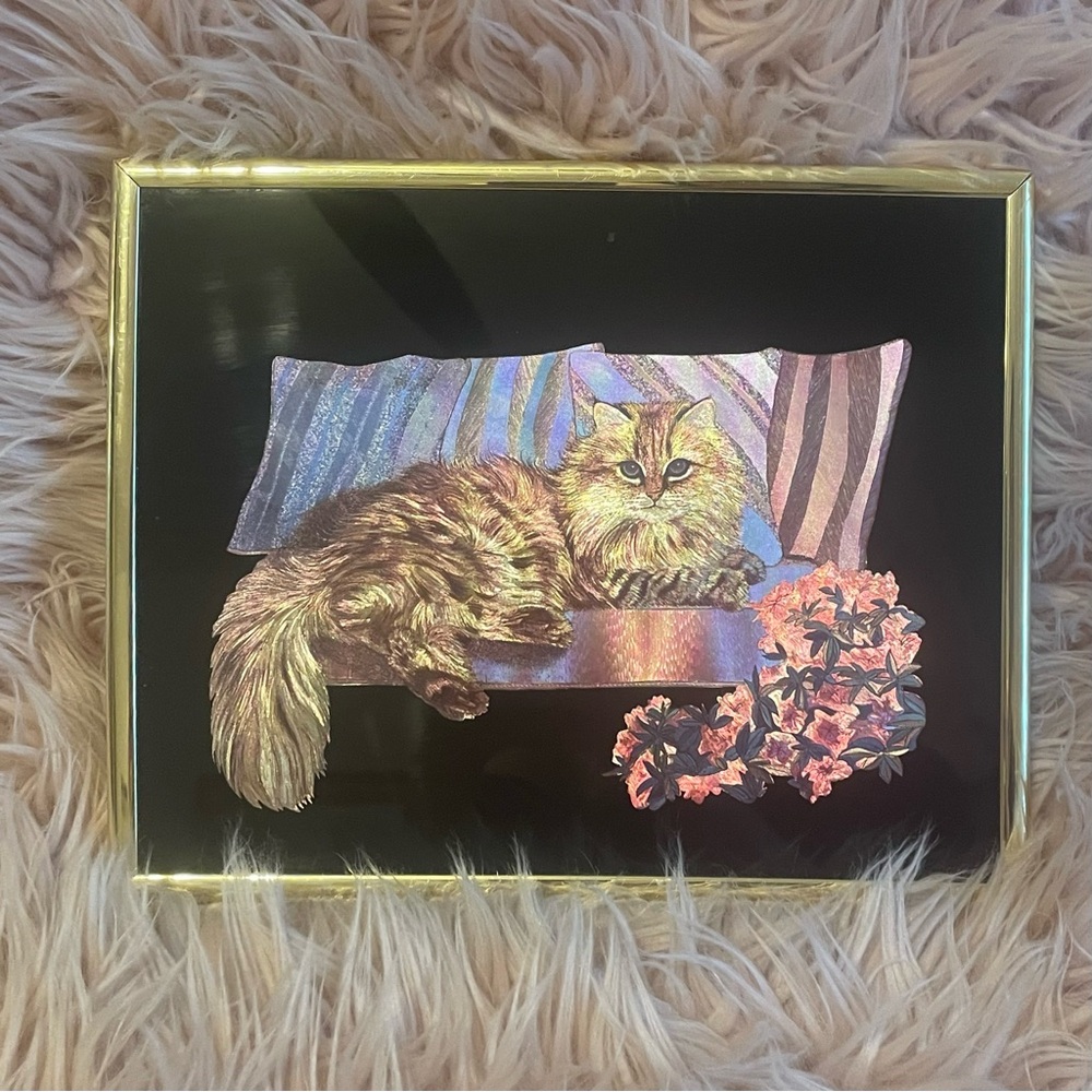 Vintage Foil Cat Art in Gold Frame – Holographic 80s/90s Decor